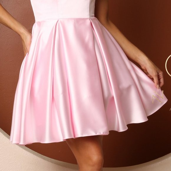 NEW BABY PINK A-LINE SILHOUETTE OFF THE SHOULDER SLEEVELESS SATIN DRESS NX R773 - Picture 8 of 11